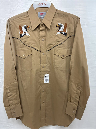 New Men’s ELY Cattleman Brown Eagle Design Long Sleeve Pearl Snap Medium J-95
