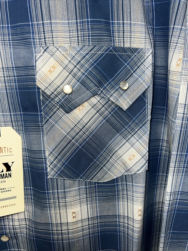 New Men’s Blue Paid ELY Cattleman Long Sleeve Pearl Snap Shirt. Large P-54