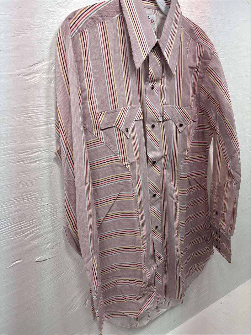 New Men’s Tem Tex Pink Multicolor Stripe Long Sleeve Pearl Snap 15.5 Medium O-26