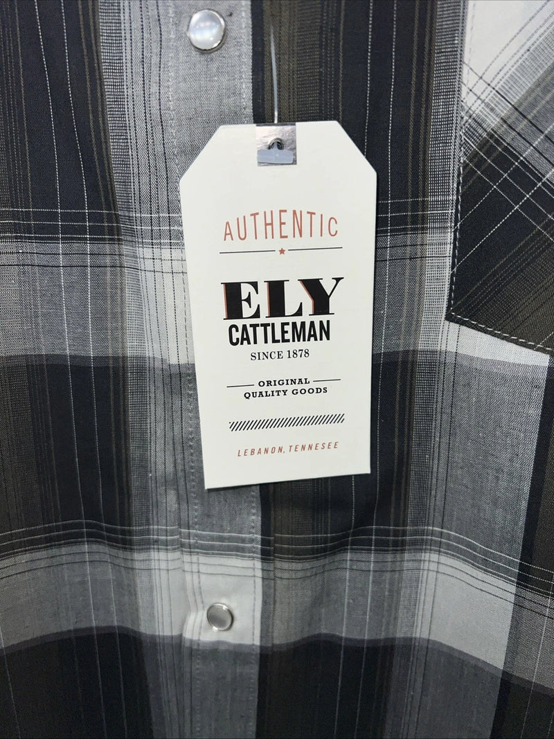 New Men’s ELY Cattleman Green Black Plaid Long Sleeve Pearl Snap Shirt XL S-17