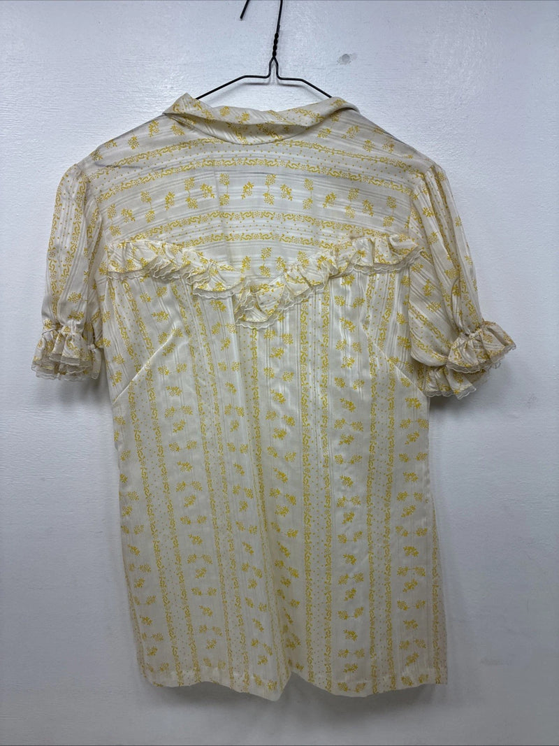New Women’s White Yellow Design Short Sleeve Half Zip Size 40 TT-87