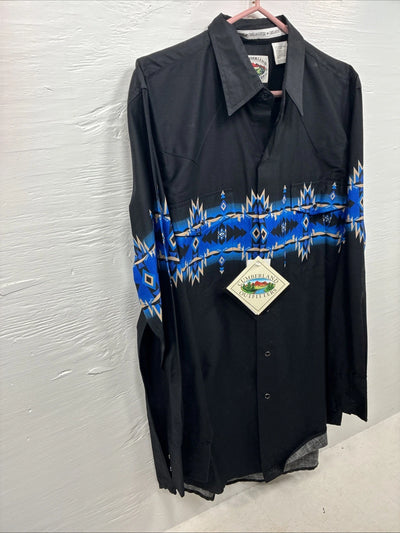New Men’s Cumberland Black Blue Design Long Sleeve Pearl Snap Large CC-55
