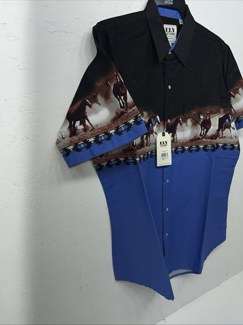 New Men’s Black Blue Horse ELY Cattleman Short Sleeve Pearl Snap Shirt. L P-71