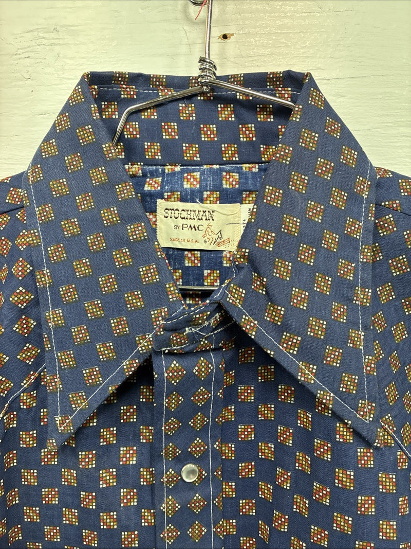 New Men’s Stockman Navy Blue Designed Long Sleeve Pearl Snap 15 Medium H-71