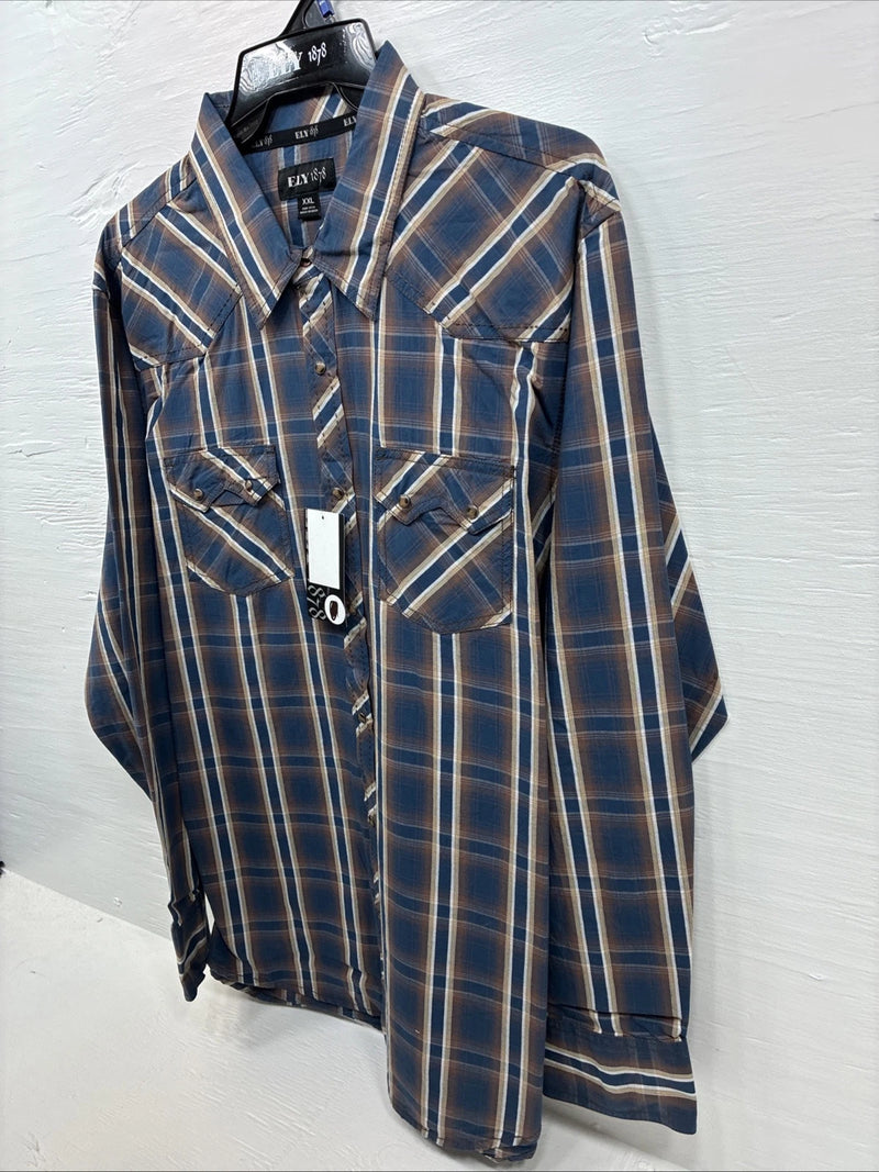 New men’s ELY 1878 Blue Flannel Long Sleeve Pearl Snap 2XL F-65