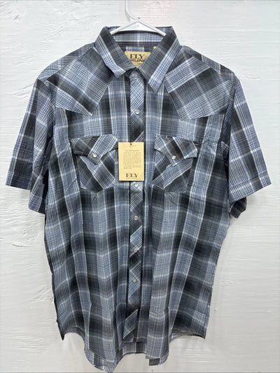 New Men’s ELY Cattleman Gray Blue Plaid Long Sleeve Pearl Snap Large Q-54