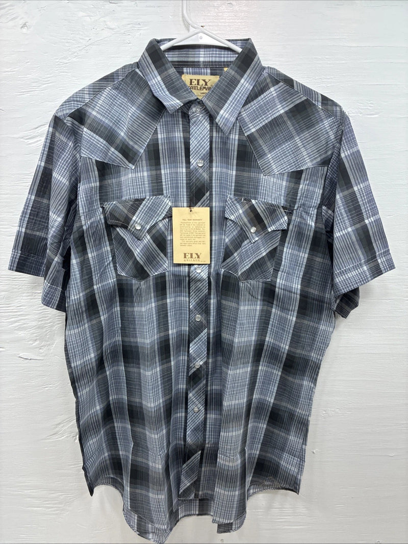 New Men’s ELY Cattleman Gray Blue Plaid Long Sleeve Pearl Snap Large Q-54