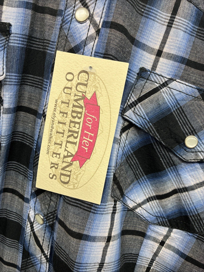 New Women’s Cumberland Blue Black Plaid Long Sleeve Pearl Snap 2XL GG-36