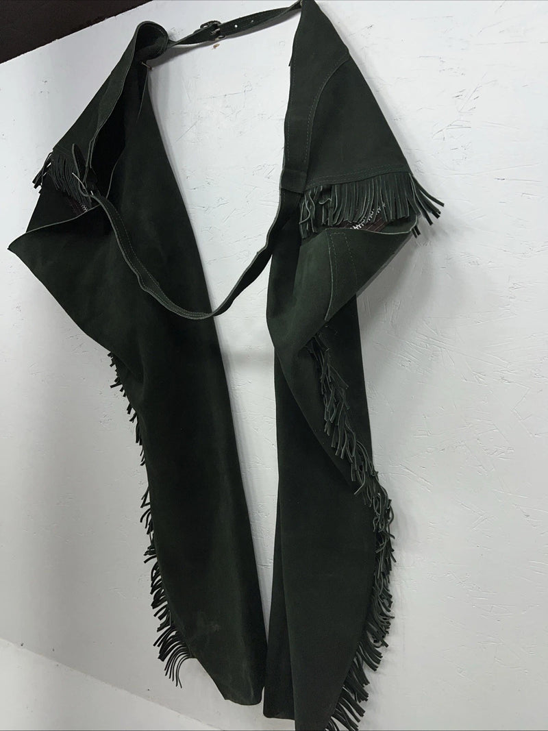 New Green Congress Leather Show Chaps With Fringe Adjustable Waist 51” N-26