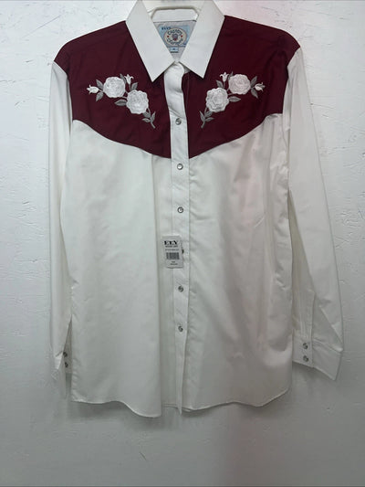 New Women’s ELY Cattleman White Red Flower Long Sleeve Button Up M #3802 3C-42