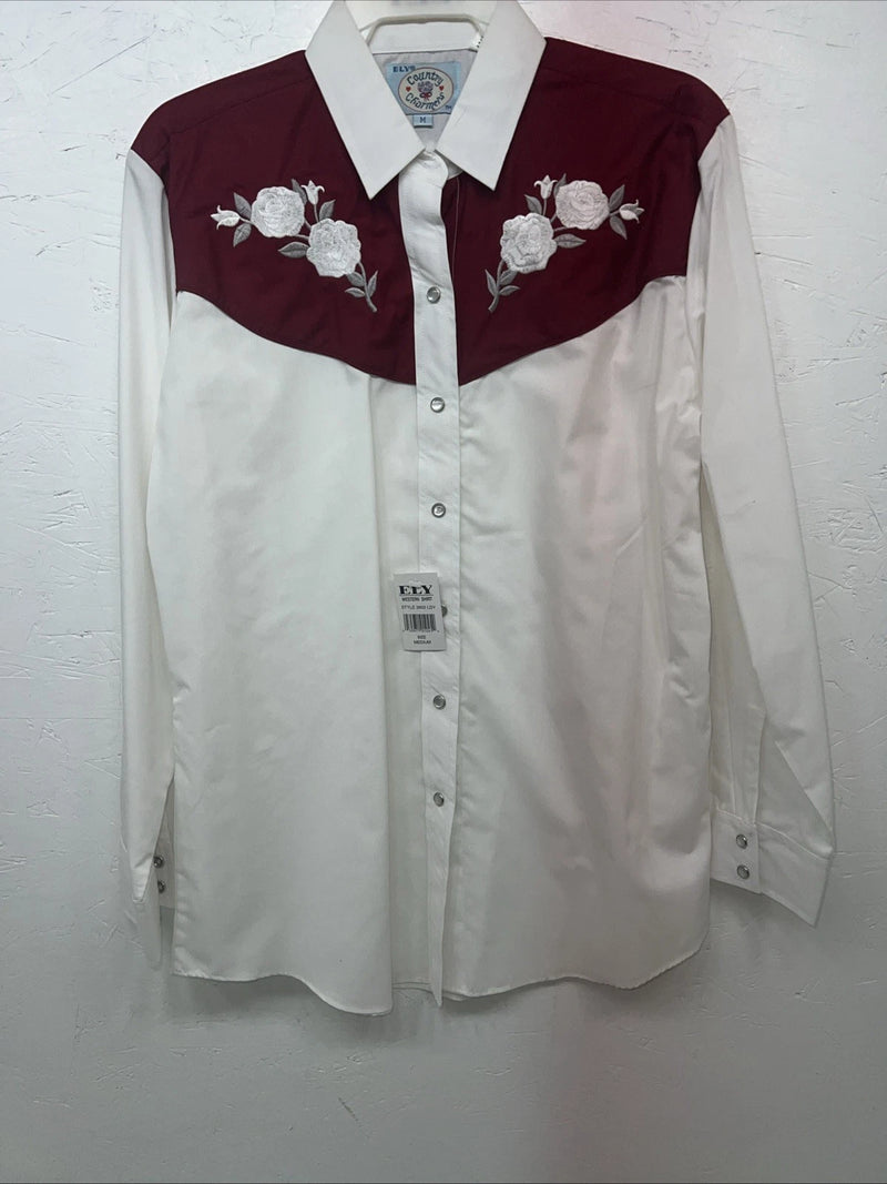 New Women’s ELY Cattleman White Red Flower Long Sleeve Button Up M #3802 3C-42