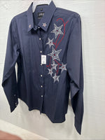 New Girls White Horse Blue Star Design Long Sleeve Pearl Snap Large CC-73