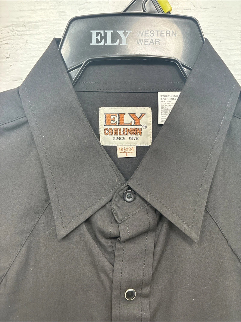 New Men’s  ELY Cattleman Black Long Sleeve Pearl Snap 16.5 X 34 Large V1-100