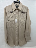 New Men’s White Horse Brown Embroidered Long Sleeve Pearl Snap Medium K-59