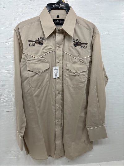 New Men’s White Horse Brown Embroidered Long Sleeve Pearl Snap Medium K-59