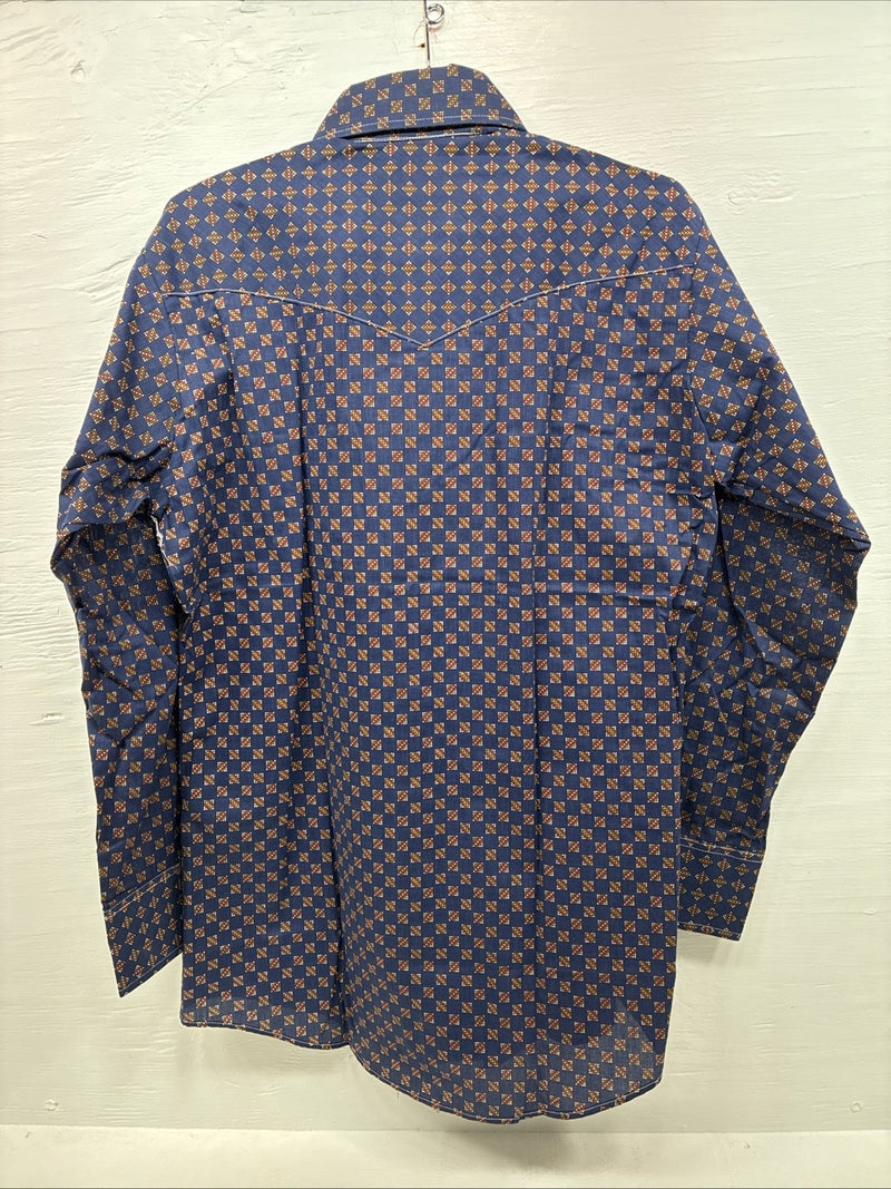 New Men’s Stockman Navy Blue Designed Long Sleeve Pearl Snap 15 Medium H-71