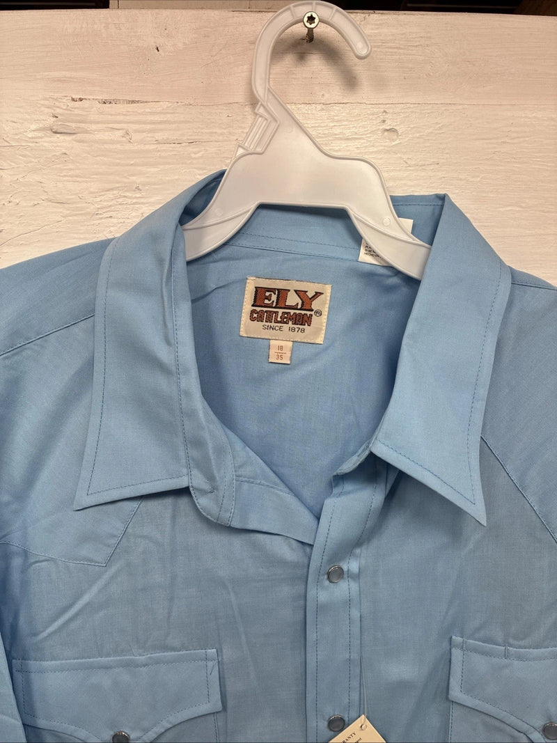 New Men’s ELY Cattleman Blue Long Sleeve Pearl Snap 18 X 35 2XL CC-5