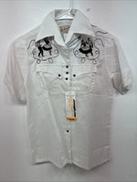 New Women’s Rockmount White Designed Short Sleeve Pearl Snap Size 32 LL-75