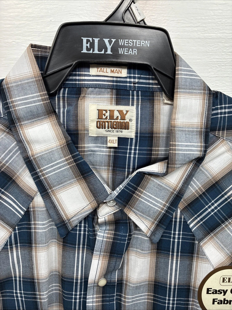 New Men’s ELY Cattleman Blue Tan Flannel Short Sleeve Pearl Snap 4XL E-68