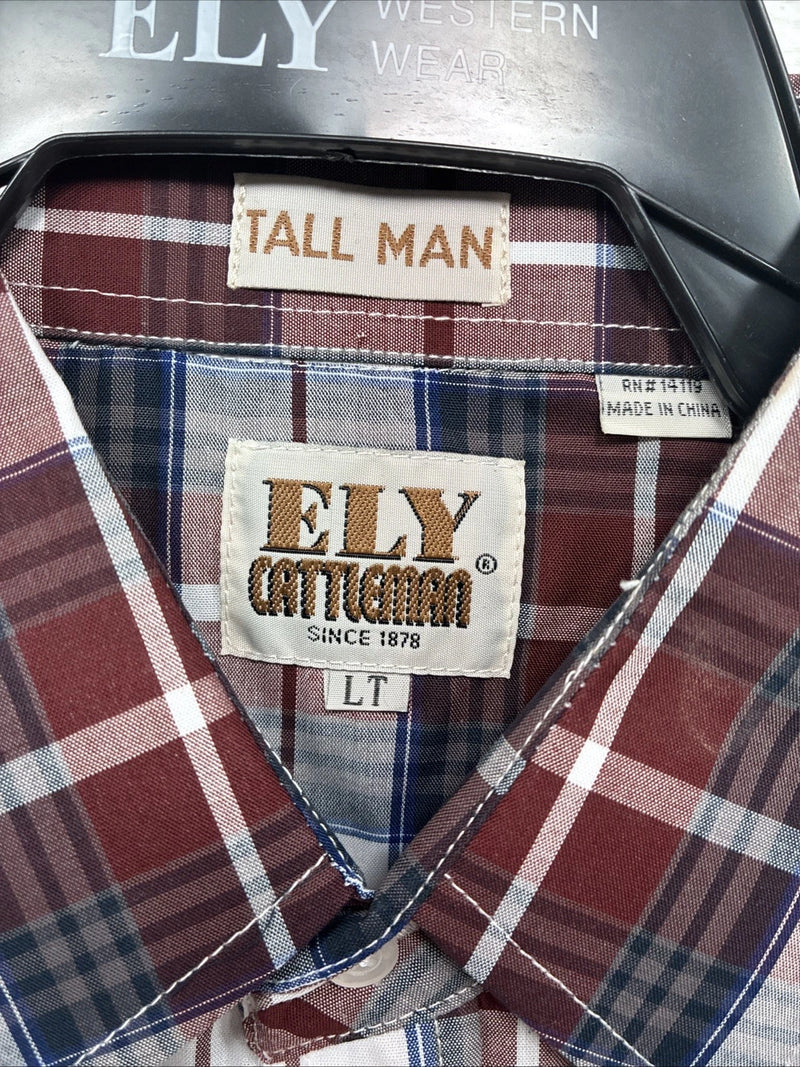 New Men’s ELY Cattleman Red White Plaid Short Sleeve Pearl Snap Large Tall X-66
