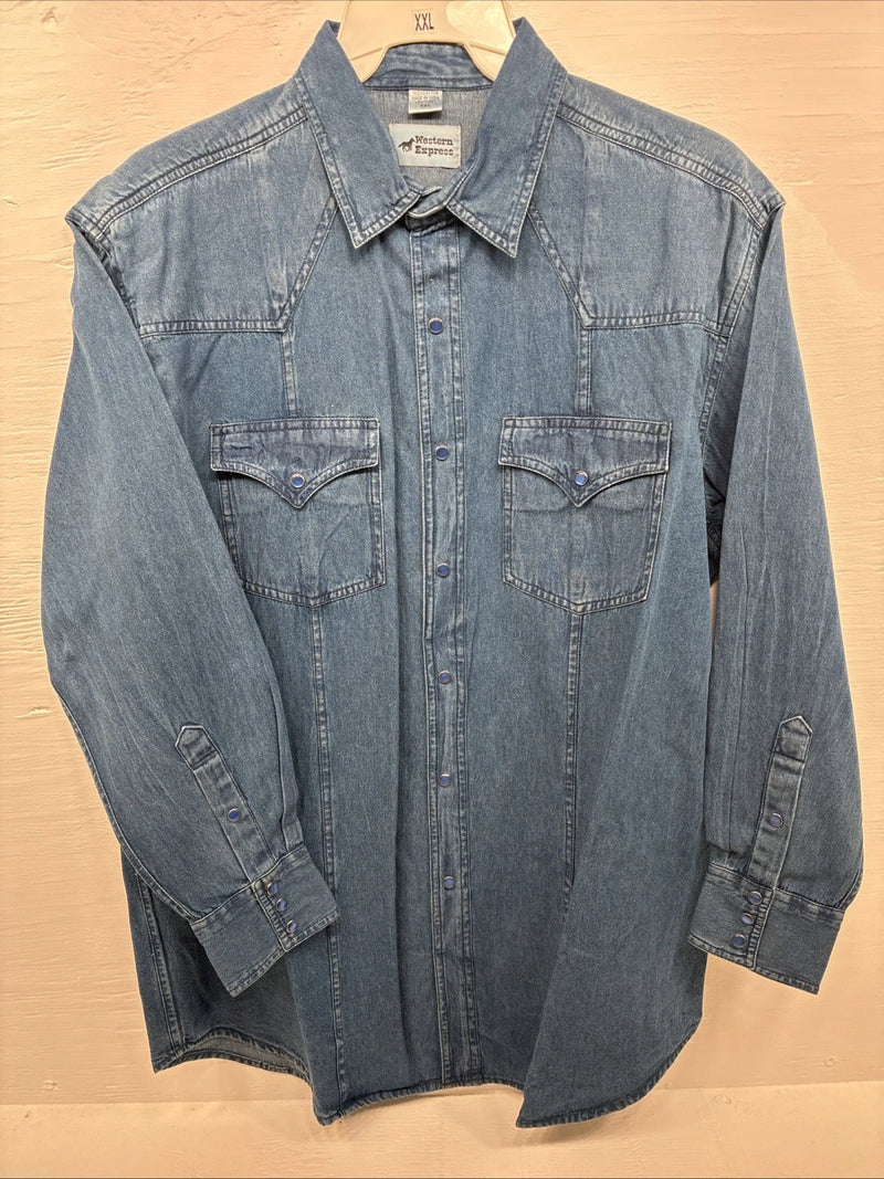 New Men’s Western Express Blue Jean Shirt Long Sleeve Pearl Snap 2XL H-25