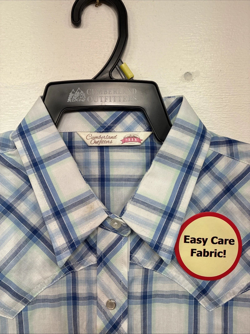 New Women’s Cumberland Blue Plaid Long Sleeve Pearl Snap Large GG-84