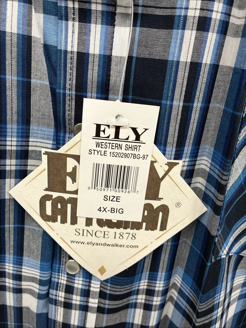 New Men’s ELY Cattleman Blue Flannel Long Sleeve Pearl Snap 4XL E-89