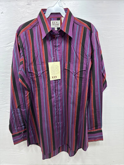 New Men’s ELY Cattleman Purple Stripe Long Sleeve Pearl Snap 15.5 Medium AA-112