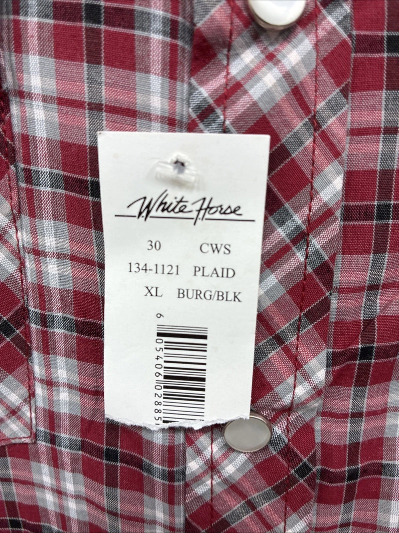 New Men’s White Horse Red Plaid Long Sleeve Western Pearl Snap XL J-39