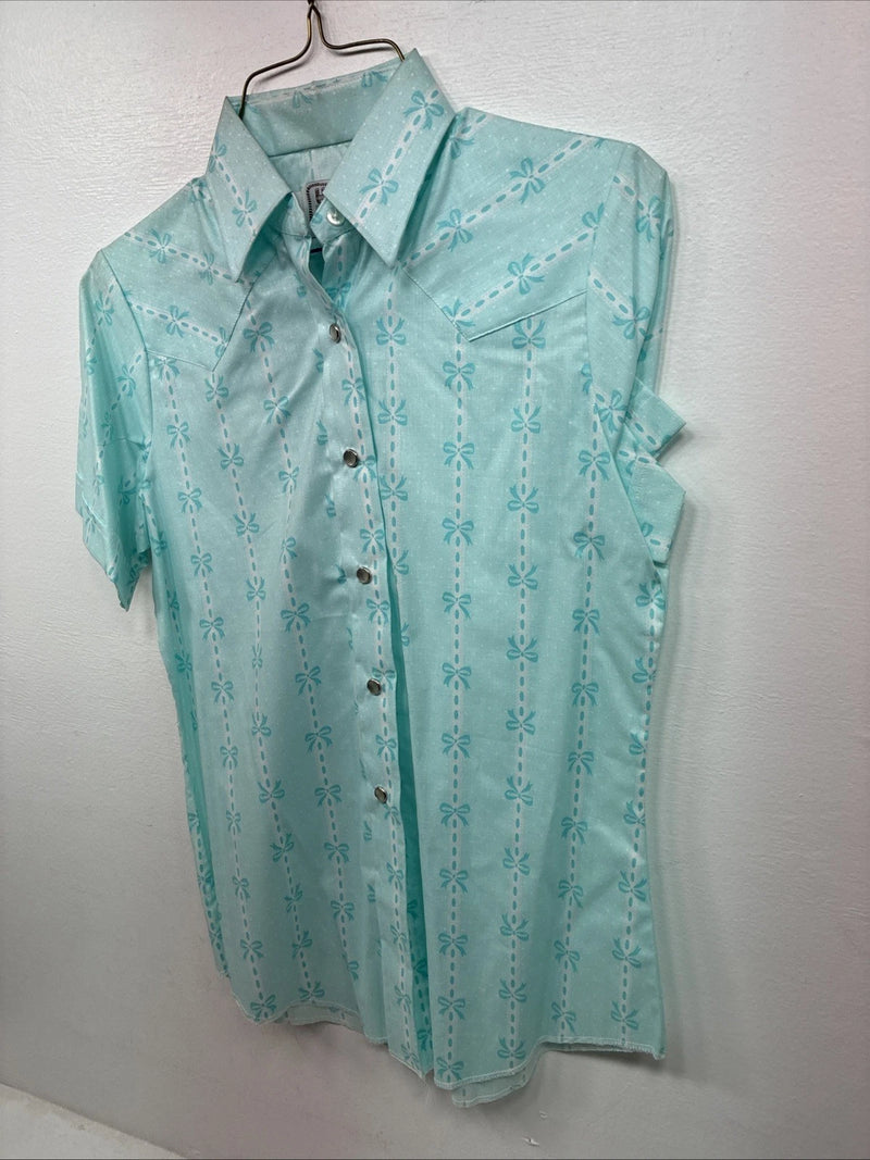 New Women’s H Bar C Blue Bow Short Sleeve Pearl Snap Size 32 LL-56