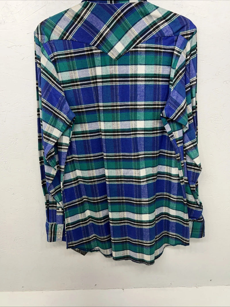 New Men’s Blue Green Plaid Wrangler Pearl Snap Long Sleeve Shirt L Tall P-70