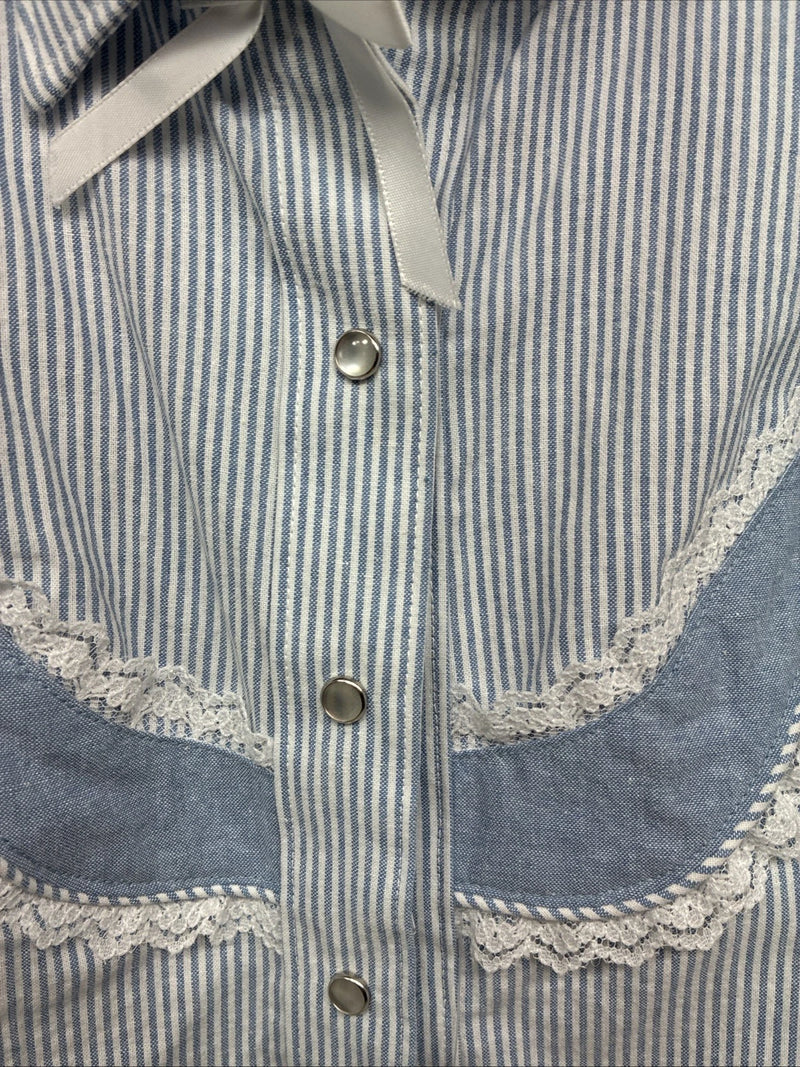 New Women’s Kid Kountry Blue Stripe Design Long Sleeve Pearl Snap Size 14 YY-10