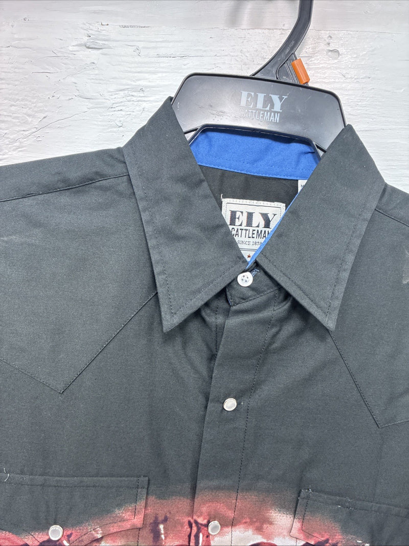 New Men’s ELY Cattleman Blue Black Horse Design Short Sleeve Pearl Snap Med J-96
