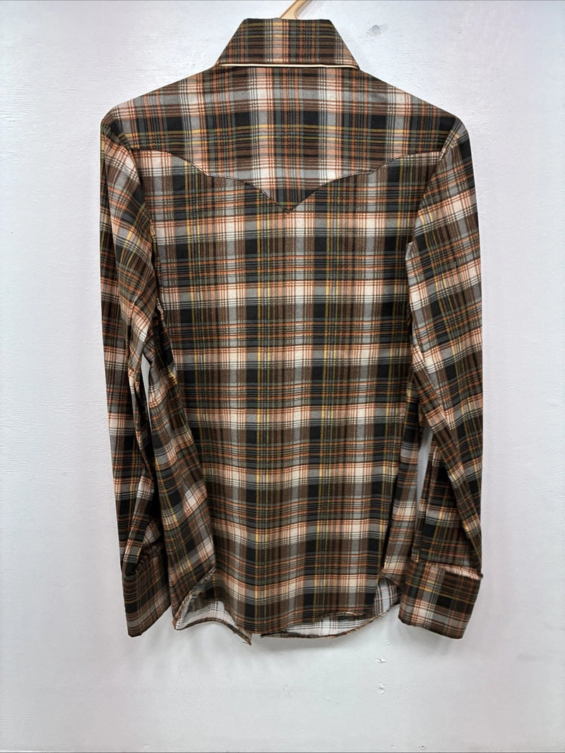 New Women’s Panhandle Slim Brown Plaid Long Sleeve Pearl Snap Size 34 MM-57