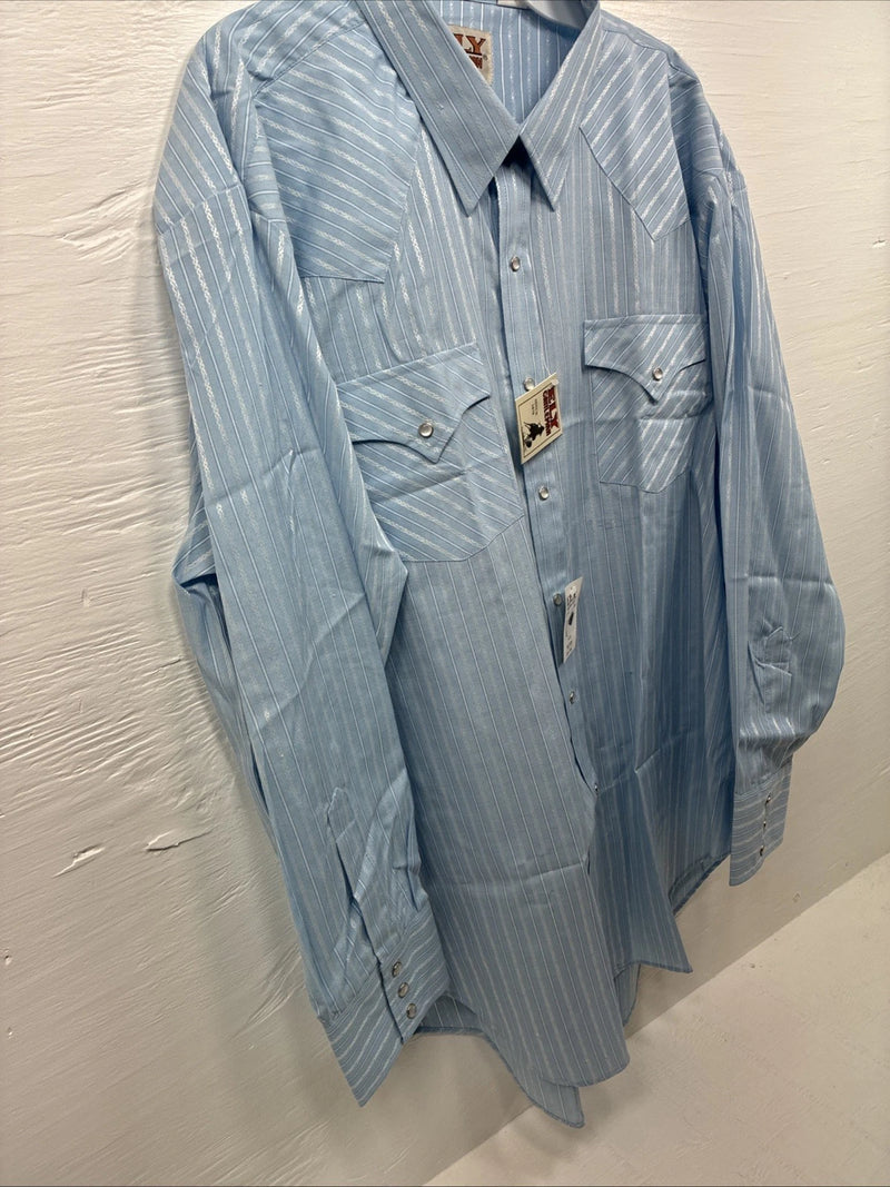 New Men’s ELY Cattleman Blue White Stripe Long Sleeve Pearl Snap 18.5 2XL O-27