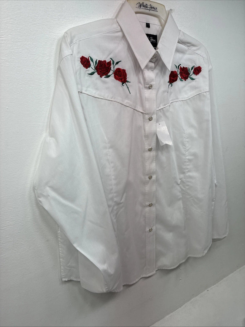 New Womens White Horse White Rose Long Sleeve Pearl Snap Large II-91