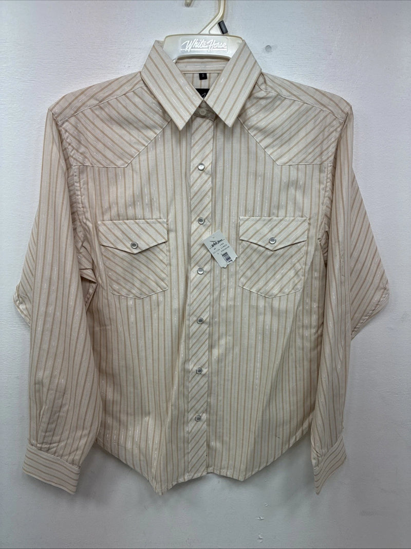 New Women’s White Horse Yellow Stripe Long Sleeve Pearl Snap Small DD-126
