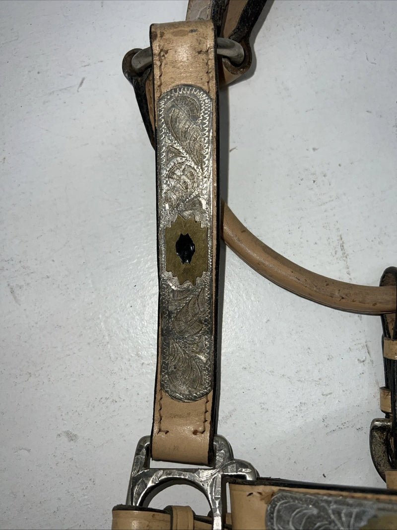 Used Light Oil Genuine Leather Show Halter With Lead Rope Silver Accents W-23