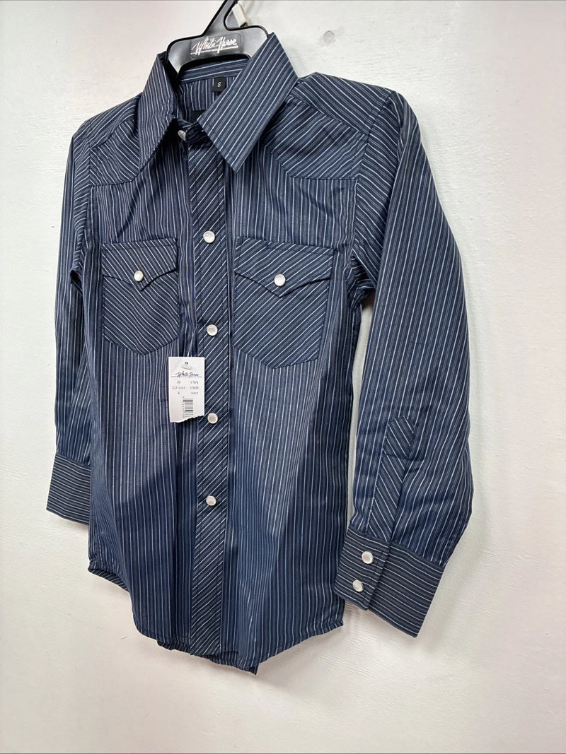 New Kids White Horse Blue Stripe Long Sleeve Pearl Snap Small DD-137