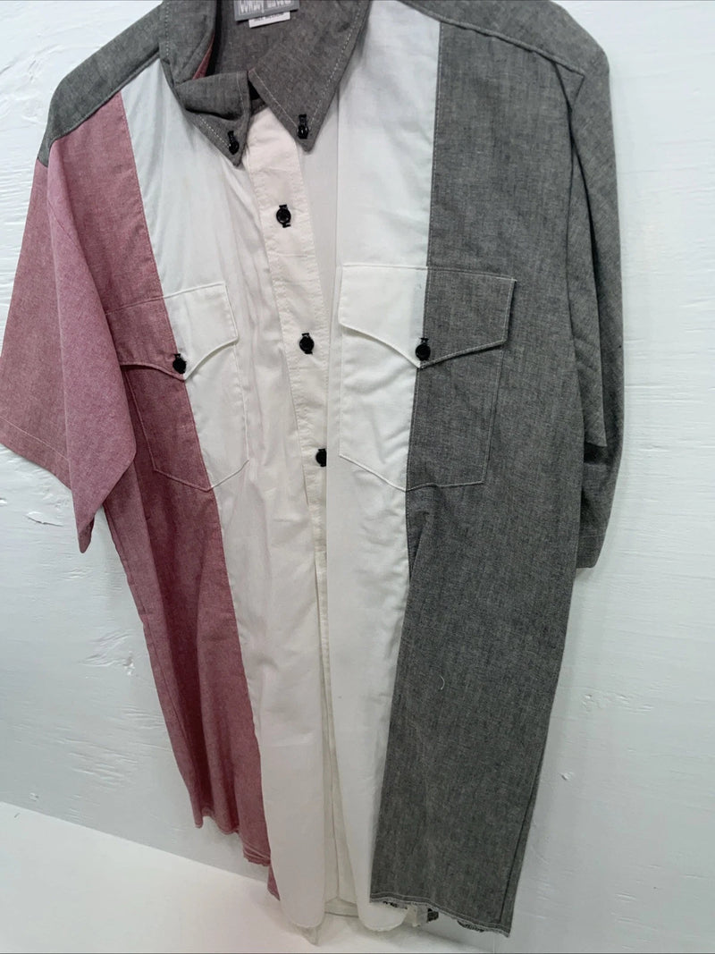 New Men’s Cowboy Threads Grey White Pink Short Sleeve Button Up Medium B-91