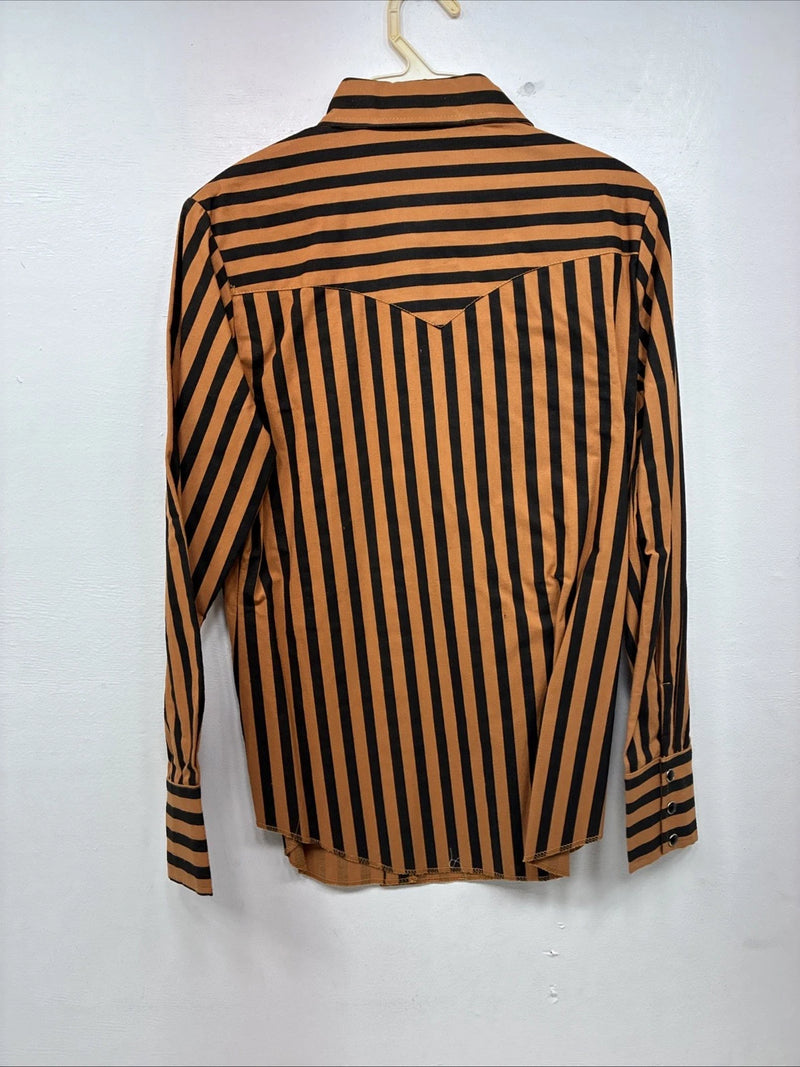 New Women’s H Bar C Orange Black Stripe Long Sleeve Pearl Snap Size 34 LL-103