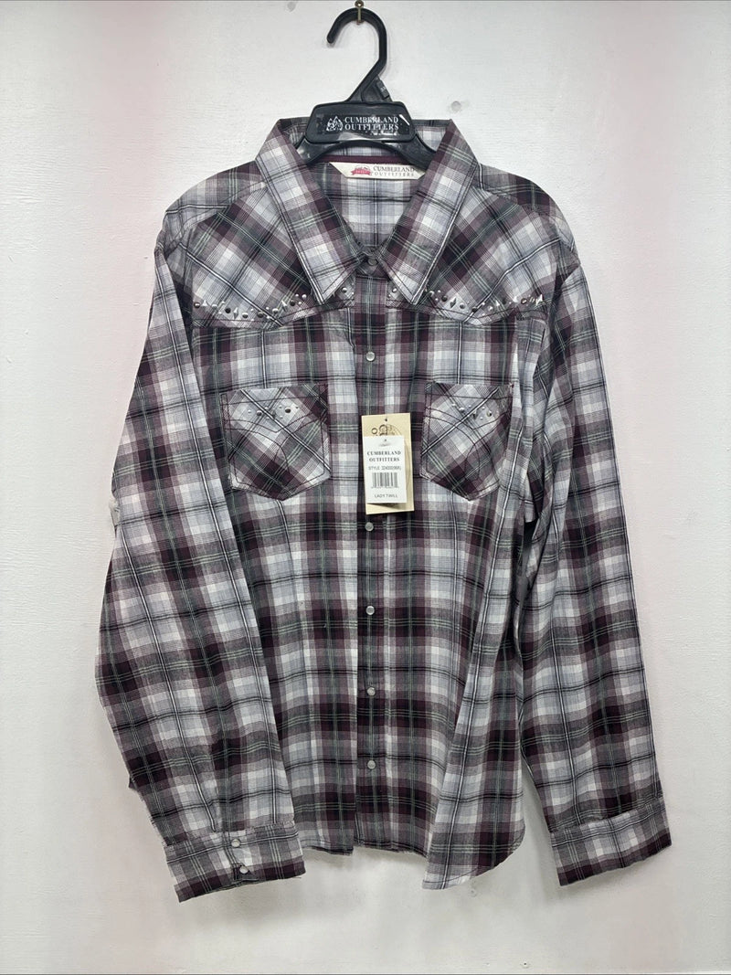 New Women’s Cumberland Purple Plaid Long Sleeve Pearl Snap Size 3X GG-11