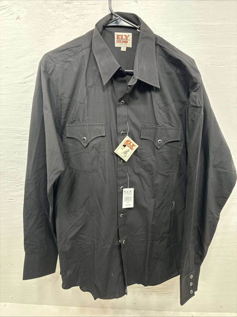 New Men’s ELY Cattleman Black Long Sleeve Pearl Snap 16.5 X 36 Large AA-5 