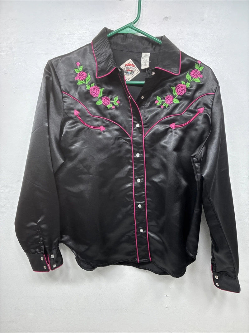 New Women’s Cumberland Black Rise Design Long Sleeve Pearl Snap Medium TT-141 