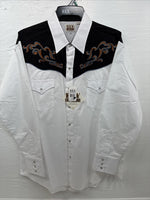 New Men’s ELY Cattleman White Black Embroidered Long Sleeve Pearl Snap XL H-65