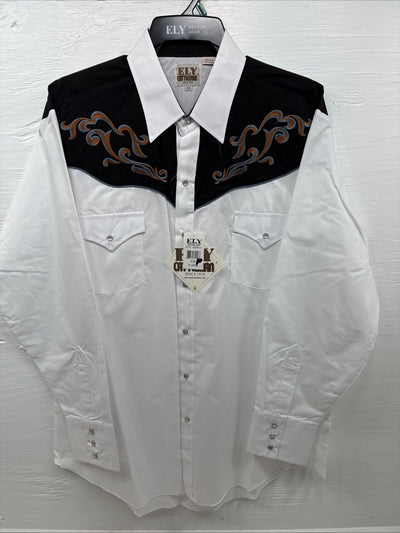 New Men’s ELY Cattleman White Black Embroidered Long Sleeve Pearl Snap XL H-65
