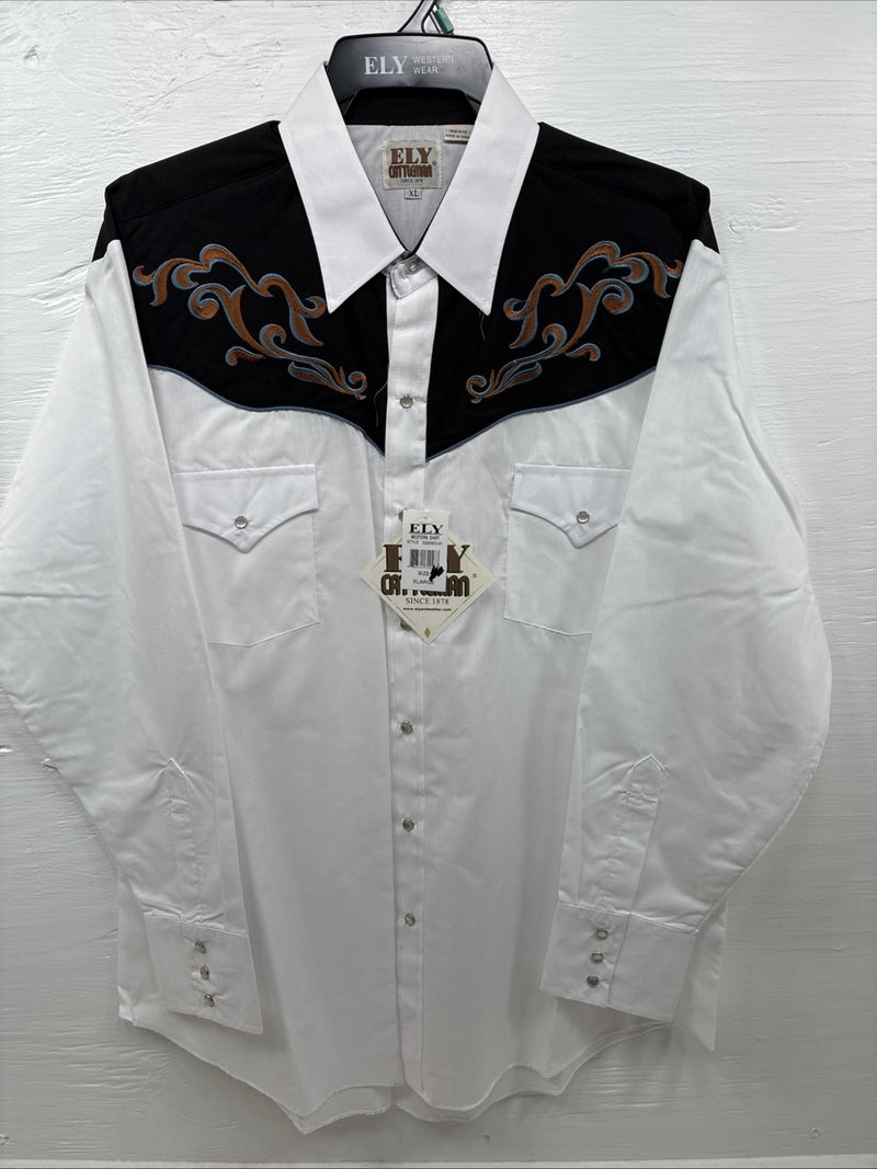 New Men’s ELY Cattleman White Black Embroidered Long Sleeve Pearl Snap XL H-65