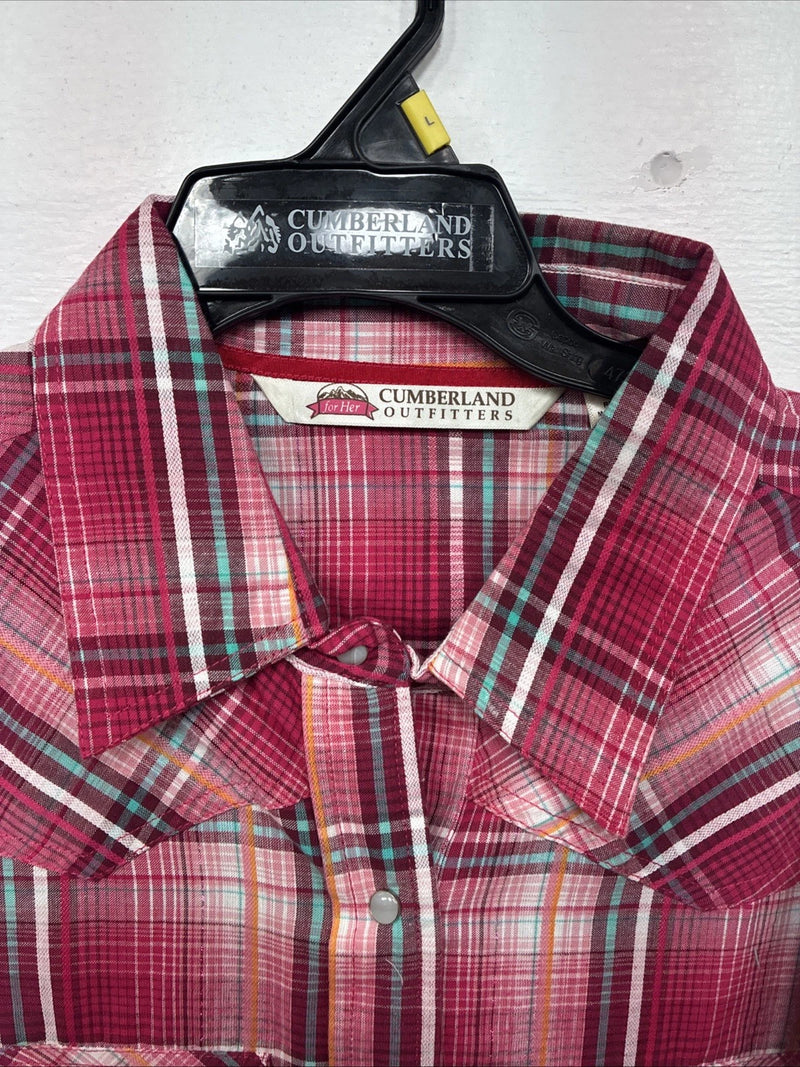 New Women’s Cumberland Pink Plaid Long Sleeve Pearl Snap Large GG-69