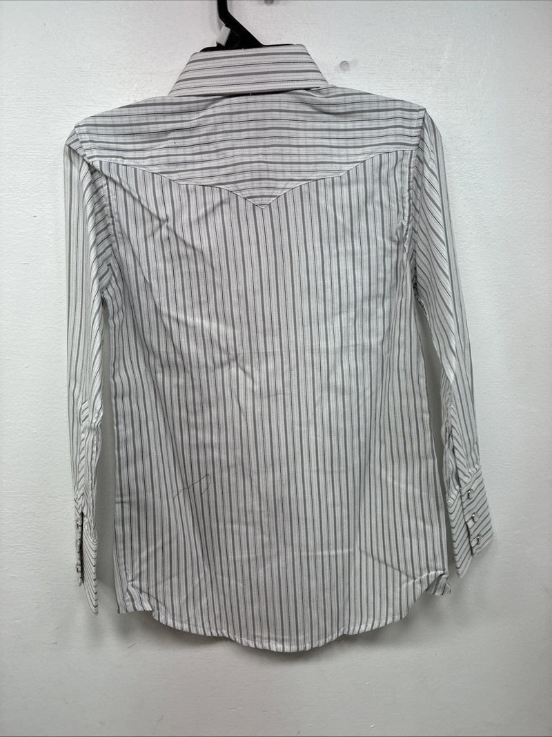 New Boys White Horse Gray Stripe Long Sleeve Pearl Snap Medium DD-118