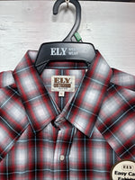 New Men’s ELY Cattleman Red Gray Plaid Short Sleeve Pearl Snap XL M-51